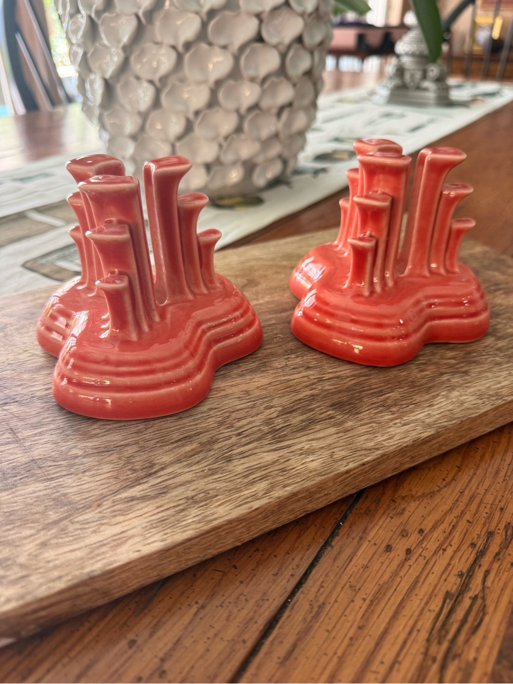 Fiestaware Retired Persimmon 2pc Pair candle stick Holders Pyramid HTF color
